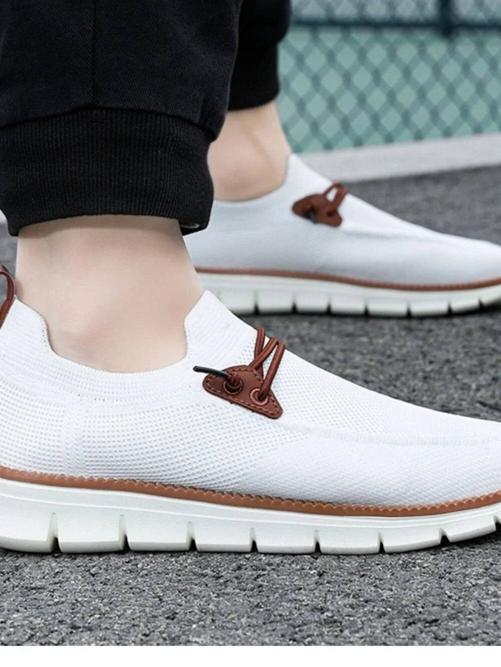 Men's White Mesh Slip-On Casual Shoes with Brown Accents